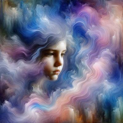 The primary subject of the image is a young girl with long hair, who appears to be looking at the viewer. She is surrounded by a purple and blue cloudy background, which adds a sense of depth and whimsy to the scene. The visual style of the image is a combination of digital art and illustration, creating a unique and captivating appearance. The colors and mood of the image are predominantly purple and blue, giving it a dreamy and serene atmosphere.